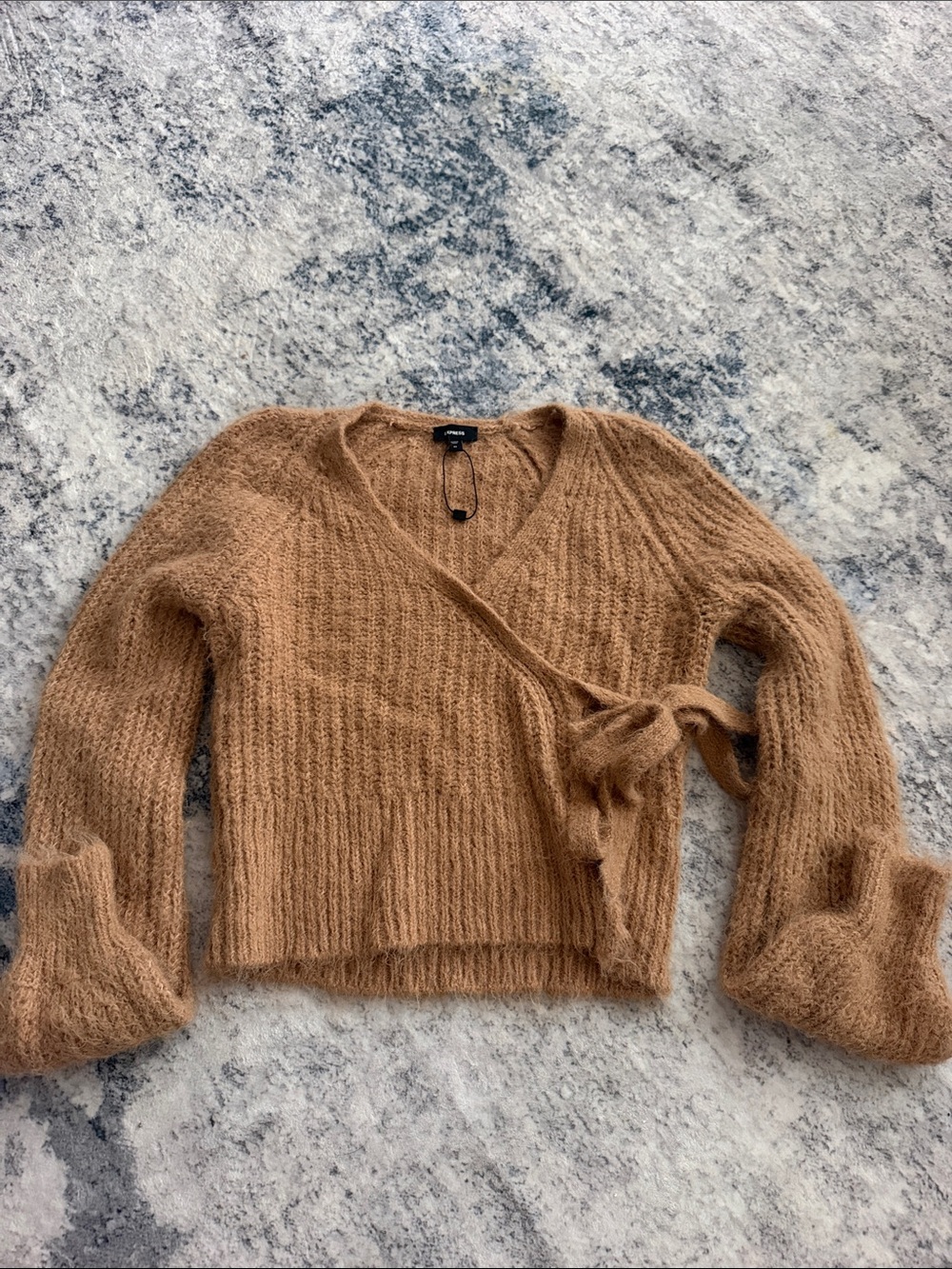 Express Fuzzy Wrap V-Neck Sweater - Camel Brown